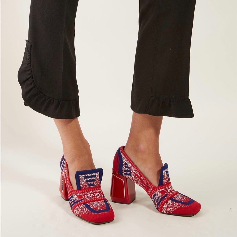 Prada Red and Blue Knit Block Heel NEW! 37/7